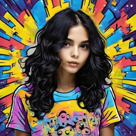cartophoto studio photo of a beautiful girl with long curly black hair in a colorful t-shirt on a dark expressive background, very detailed <lora:cartophoto:1>