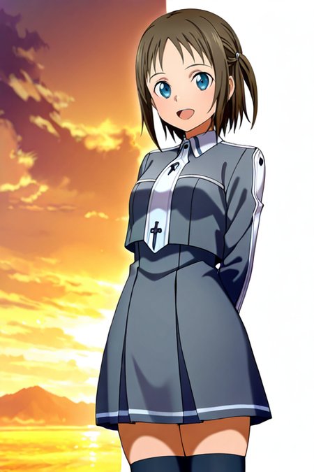 masterpiece, High quality, Ultra detailed, 2d, newest, absurdres, highres, BREAK
1girl, solo, <lora:ronye_arabel:0.8>, ronye_arabel_(sword_art_online), short hair, brown hair, two side up, blue eyes, 
ronyeDef, long sleeves, school uniform, grey jacket, necktie, grey skirt, pleated skirt, zettai ryouiki, black thighhighs, 
looking at viewer, smile, open mouth, from behind,