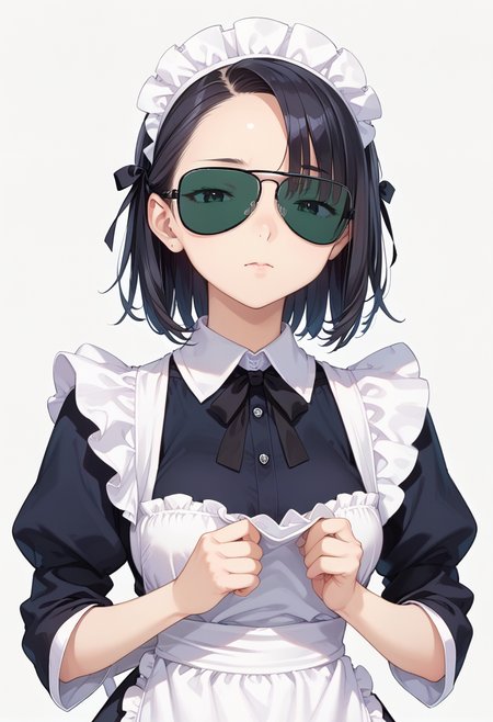 score_9, score_8_up, score_7_up, rating_safe, masterpiece, best quality, absurdres, unity 8k wallpaper, official art, official style, source_anime, uncensored, game cg, megami magazine,
1girl, solo, black hair, medium hair, upper body, maid, maid headdress, black dress, maid apron,
sg-AVIATOR, sunglasses, darkgreen-tinted eyewear, covered eyes, white background, simple background, black-framed eyewear
 <lora:glasses_aviator_PONY_V2:1>