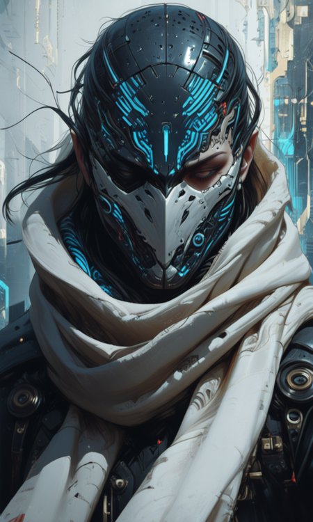 close-up photograph of a person with glowing blue circuitry patterns on their face wearing a tattered white scarf and a half-mask, masterpiece, fine details, dynamic , low angle, side_view,  <lora:- iLL - PdJ_highres_counterweight _V1.0-step00007000:.6>, <lora:- iLL - vl_abstractbrush_finished_V1.0:.8>   <lora:- iLL - the_edgy_mech_V2.0-step000013500:0.5>