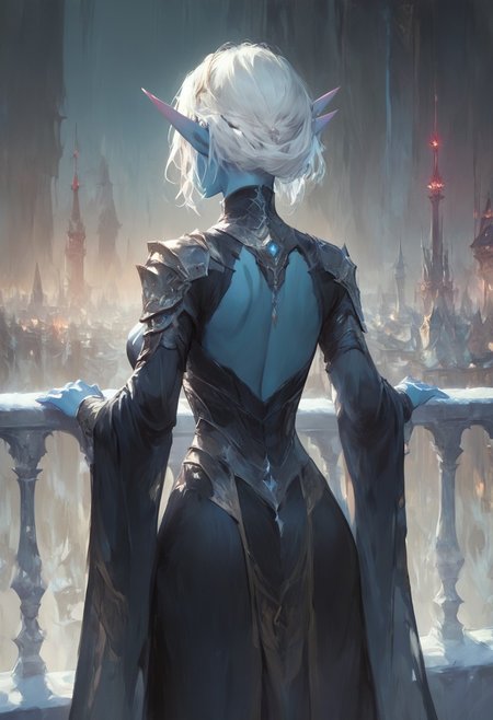 Score_9, Score_8, Score_7, elf, Blue Skin, A snow elf with white hair wearing a slinky black dress as she stands on a city balcony overlooking a fantasy city at night, snow elf, facing away from the viewer looking out at the city.