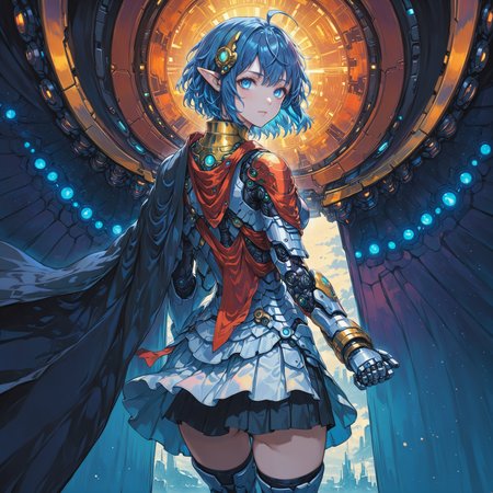 <lora:yukihiro_kajimoto_so2r_xl:0.8> <lora:IOS_Iridescent_opal_style:0.6> star ocean, 1girl, rena lanford, ahoge, armor, blue_eyes, blue_hair, boots, cape, full_body, hair_ornament, pleated_skirt, pointy_ears, short_hair, [woman:robot joints:0.6], [armpits:mecha:0.5], [evangelion:cyberpunk edgerunners:0.5], [lens flare:opal:06], intricate detail, cinematic lighting, amazing quality, amazing shading, detailed Illustration, official artwork, wallpaper, official art, extremely detailed eyes and face, beautiful detailed eyes, ((masterpiece, best quality)), (from behind), upper body, (thigh gap)