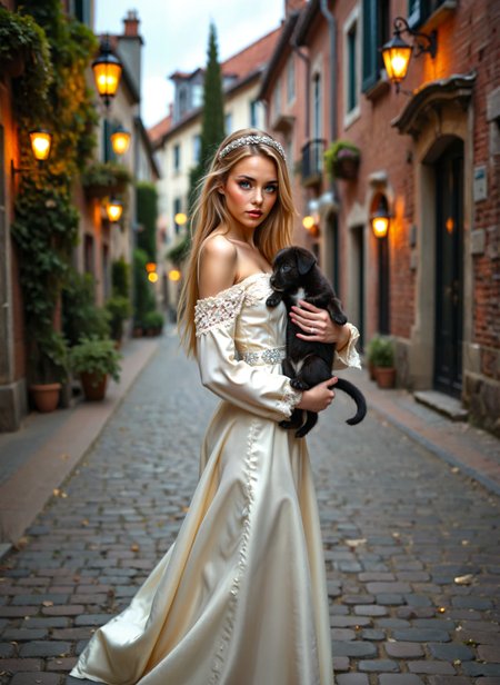 cinematic film still a young woman in a long, flowing white dress standing on a cobblestone street. She is holding a small black puppy in her arms and is looking directly at the camera with a serious expression. The woman has long blonde hair styled in loose waves and is wearing a tiara on her head. The street is lined with old-fashioned buildings on both sides, and there are potted plants and lanterns hanging from the buildings. The sky is overcast and the overall mood of the image is romantic and dreamy. Shallow depth of field, vignette, highly detailed, high budget, bokeh, cinemascope, moody, epic, gorgeous, film grain, grainy. <lora:add-detail-xl:.5>  <lora:Flux-style-xl-lora:.5>