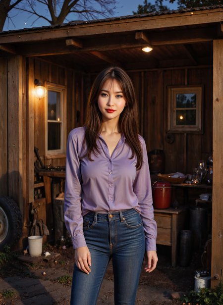 cinematic film still a young woman standing in front of a wooden shed. She is wearing a purple button-down shirt and blue jeans. Her long brown hair is styled in loose waves and she is looking directly at the camera with a serious expression. The shed is made of wood and has a small window on the right side. There are various tools and equipment scattered around the shed, including a tire and a bucket. The sky is blue and the overall mood of the image is peaceful and serene. Shallow depth of field, vignette, highly detailed, high budget, bokeh, cinemascope, moody, epic, gorgeous, film grain, grainy. <lora:add-detail-xl:.5>  <lora:Flux-style-xl-lora:.5>