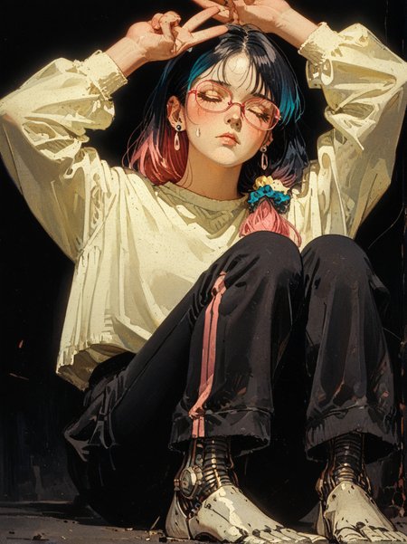 A digital illustration shoot from a low camera angle about a young woman with long hair sitting on the floor with her head in her hands, wearing a white long-sleeved top and black pants with mechanical parts. the image also shows a black background and a gradient of pink and blue highlights. on the middle of the image, a 1girl who appears to be in her early twenties, with a slender build and fair skin, is sitting with her eyes closed and a serene expression. she is wearing a pair of pink-tinted glasses and has a small tattoo on her left cheek. her hair is styled in a long hair style with black and pink highlights, and she is facing the viewer with her closed eyes. she has a mole on her forehead and is wearing earrings.she has robot android legs and feet,   1girl, solo, long hair, simple background,robot legs, robot feet,  shirt, black hair, long sleeves, jewelry, sitting, closed eyes, pink hair, multicolored hair, earrings, sweatpants, glasses, hair between eyes, gradient hair, arms up, black background, piercing, ear piercing, hair over shoulder, hair scrunchie  n\n\n\n<lora:jc_leyendecker_pony_v6_smooth:0.6>\n<lora:norman_rockwell_style_pony_v6-000040:0.9>\n<lora:Xenotrip_v.2:0.5>\n<lora:Kenva:0.8>\n<lora:Sinozick:0.4>\n\n    embedding:zPDXL2 embedding:zPDXLxxx  <lora:StS_age_slider_v1_initial_release:1.0>