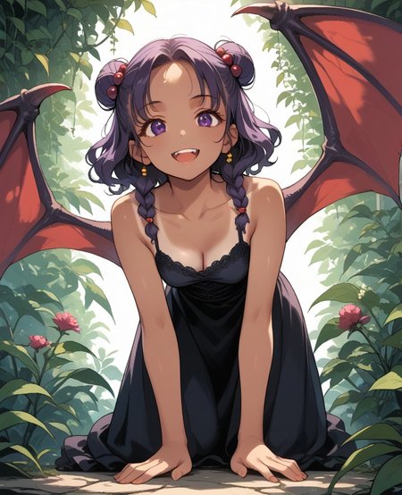score_9, score_8_up, score_7_up, score_6_up, 1girl, solo, perfect hand, monster_girl ,plant_girl ,medium_breasts ,skinny ,tanlines ,dress ,medium_hair ,black_hair ,purple_eyes ,braided_bun ,wavy_hair ,demon_wings ,hair_bobbles ,from_below ,happy ,all_fours