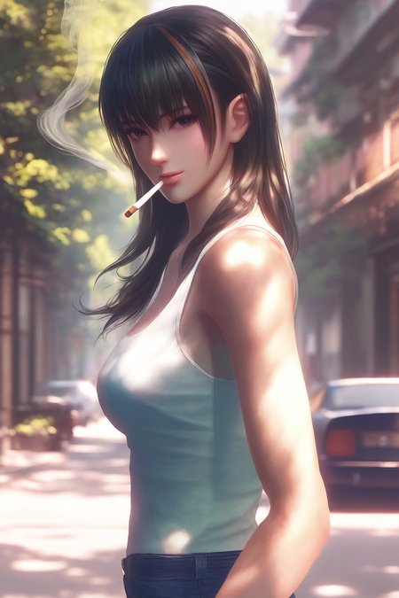 score_9,score_8,score_7_up,dappled_sunlight,masterpiece, best quality, portrait, illustration, high detailed,blurred background,from side,
nanami \(doa\), 1girl,solo,long hair,[streaked hair], bangs, hair over eyes, hair on shoulders,white_tank_top,short jeans,
standing,street,((smoking)),looking at viewer,half closed eyes,contemplative expression,blurry_foreground, 
cityscape in the background,buildings and a car parked on the side of the road.The street is lined with trees and a zebra crossing.Plants in foreground.The lighting is bright and natural,casting soft shadows on the woman's face and clothing.
 <lora:doa_nanami_pdxl_v20:0.6>