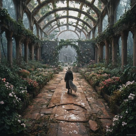 score_9, score_8_up, score_7_up,  fullbody, 1girl, furry, anthro, gray fur, wolf tail, wolf, solo, fullbody, backview, looking arround in wonder, masterpiece, best quality, very aesthetic, close up, gray hair, gray twin braids, green eyes, standing in the ruins of botanic garden with glass ceiling, overgrown, trees, frozen flowers, plants,  broken glas, snow patches ray of light, dark sky, low light, white snow, (postapocalyptic city), d, dark, worried, concerne, ragged winter clothes