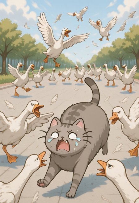Pusheen, cat animal, running, goose ambush, 6+ geese, cry,