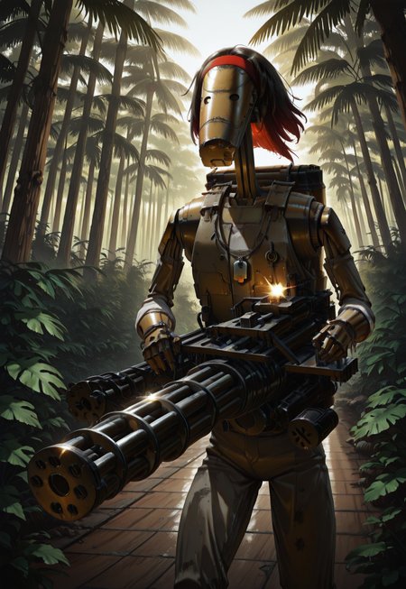 Masterpiece, absurdres, highest quality, highly detailed, newest, 8k, semi-realistic, solo, b1bd, cl4nker, droid head, rambo, medium black hair, red hair band, dogtags, vest, firing a minigun, jungle setting, highly detailed background, no humans,