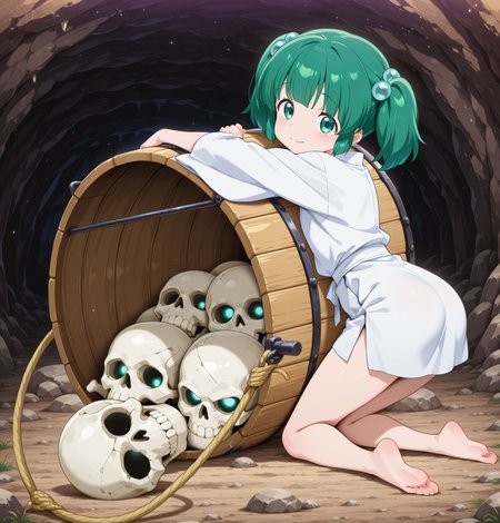 absurdres, highres, masterpiece, best quality, amazing quality, official anime artwork, screencap, anime screencap, cave, rock, indoors, night, looking at viewer, smile, 
<lora:Kisume_Illustrious:1> kisume, 1girl, solo, green eyes, green hair, short hair, short twintails,, hair bobbles, white kimono, long sleeves, wooden bucket, skull, bare feet,