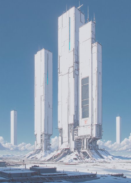 <lora:ck-Sci-Fi-Concepts:0.7>, in the style of ck-sfc, On a bright, crisp day, Artemis Station gleams in the winter sunlight. The massive white towers reflect the clear blue sky, their smooth surfaces catching rays of sunlight that bounce off the fresh snow covering the ground. The environment feels almost serene, with no wind, just a light dusting of snow gently falling from the sky. The snow at the base of the towers is untouched, forming pristine, sparkling blankets, while the top of each tower shimmers with a slight frost that has settled on the steel. The station's lights are a soft blue, contrasting gently with the whiteness of the structures. In the distance, other white towers fade toward the horizon, creating a sense of endlessness. The camera is positioned at eye level, allowing for a calm, picturesque view of the station. This setting conveys the stillness and purity of winter, with the brilliance of the white towers bathed in natural light.
<lora:ck-nc-luminal-genesis:0.8>
<lora:test2:0.8>
<lora:flux.1_lora_flyway_Epic-detail_v2:1>