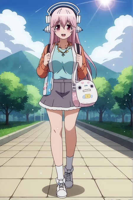 score_9, score_8_up, score_7_up,anime_source, source_anime, best background, detailed background, anime screencap,  Super Sonico, bag, blush, looking at viewer, open mouth, sensitive, skirt, solo outdoors, sun, soft particles, full body, soft smile, <lora:JN_Super_Sonico:0.8>