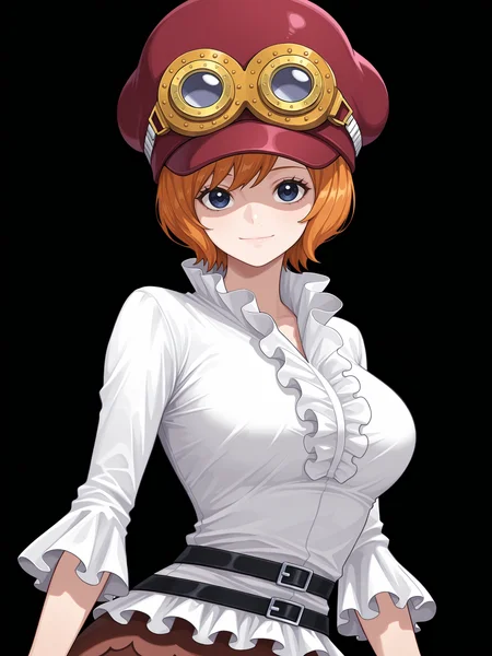 ko4la, short hair, blue eyes, orange hair,
def4ult, peaked red cap, goggles on headwear, white shirt, black belt,  brown miniskirt, frills,
upper body, looking at viewer,  <lora:Koala Illu:1> light smile,, masterpiece, best quality, amazing quality,, (simple background, black background:1.5),