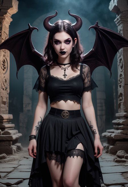(medium full shot) of (bewitching succubus with demonic horns, bat wings, demon tail) young woman, willowy build, short dark wavy down hair, japanese, fair skin, brown eyes, wearing a obsidian lace t-shirt with occult symbols, slitted skirt with mystical symbols, mules with gothic designs, smoky eyeshadow black lipstick, gothic choker holding a mystic orb, set in  sacred ruins, with ethereal light, ancient carvings, silent guardians, and hidden treasures, at night, woman smiling, detailed face, ,Masterpiece,best quality, raw photo, realistic, very aesthetic