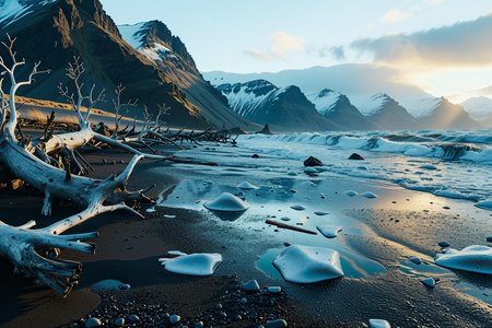 A cinematic scenic photography  On a secluded Icelandic fjord beach where black-sand meets glacial melt and driftwood logs lie scattered, At early dawn, (indigo chill:1.13) floods peaks, black sand shimmers under faint glow, gnarled driftwood casts long shadows. ,, Masterpiece,best quality,realistic,HDR, 8K, masterpiece, absurdres, highly aesthetic,realistic anatomy,focus on realism and natural details, fine details
