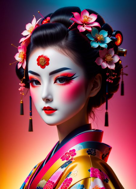Cyberpunk humanoid robot geisha, flower kimono, very colorful, depressed look, hypermaximalist, elegant, super detailed, 32k, insanely detailed and intricate, Photography, Photoshoot, Shot on 70mm lens <lora:add-detail-XL:0.9>   <lora:ral-symetrical-sdxl:0.8> ral-symetrical  <lora:Retro_Ink_SDXL:0.9> retro ink, subsurface scattering, Photorealistic, Hyperrealistic, analog style, realistic, film photography, soft lighting, heavy shadow