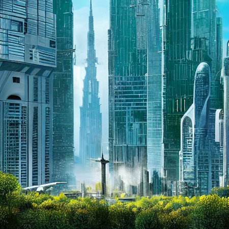 ralph-mcquarrie style, greek architecture done in a sci-fi style on a beautiful forest and meadow scene with tall buildings and open green spaces, oil painting, beautiful, highly detailed