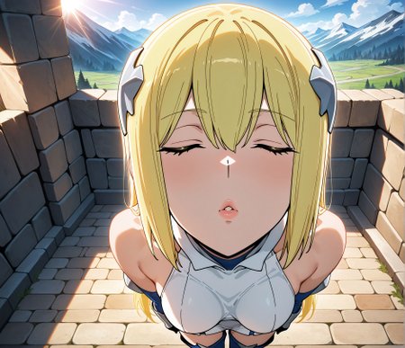 masterpiece,best quality,amazing quality,very aesthetic,absurdres,newest, huge filesize,
<lora:spo_sdxl_10ep_4k-data_lora_webui:0.5>,
<lora:add-detail-xl:1>
1girl, solo,
 imminent_kiss, incoming kiss, POV kiss, lips, 
closed eyes, 
<lora:DANMACHI_V2:0.8>
danmachiV2, 
high place, low stone wall,
Fortified walkway with battlements,
Wide stone-paved pathway,outdoors,sunlight, 
Mountain background,
BREAK
bare shoulders,   aiz wallenstein(danmachi), 
expressionless, 
blonde hair,
long hair,
thighhighs,
yellow eyes,
boots,blue thigh boots female,
dress,zettai ryouiki
d_ais,