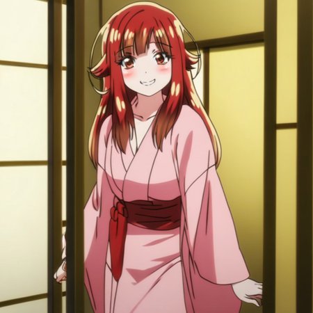 aoi yuzuki , pink kimono , full body , standing , leaning forward , cute face , smile