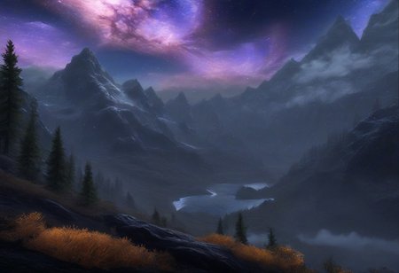 Beautiful outdoor, nature, no humans, mountains, dark twilight, milkyway galaxy, nebula, astrophotography,  forest, masterpiece, sharp focus, photorealistic rendering, extremely detailed description, <lora:zavy-mthcl-sdxl:0.5> <lora:Detailed_notrigger:1> <lora:Wildcard-Detail_Enhancer:1>, zavy-mthcl, skyrimlandscapes,