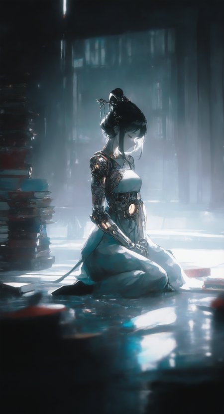 masterpiece, best quality, good quality, very awa, very aesthetic, absurdres, newest, (96yottea:1.2), 1girl, solo, black hair, hair ornament, delicate hanfu,dress, closed mouth, jewelry, sitting, medium breasts, full body, closed eyes, indoors, hair bun, (books:1.2), window, glowing, looking down, wariza, single hair bun, robot, science fiction, backlighting, on floor, joints, mechanical arms, cyborg, robot joints, damaged, mechanical parts, cyberpunk, reflective floor, detailed background, <lora:ponyv6_noobV1_2_adamW-000017:0.7> <lora:USNR_STYLE_XL_lokr:0.45> <lora:WSSKX_WAI:0.6>