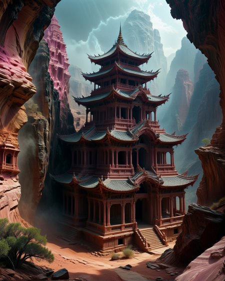dark fantasy Pink sandstone canyon wind-carved pagodas,Midday: Altostratus veil softening solar glare into platinum diffusion,
random rider in landcscape,
<lora:ral-dark-fantasy-il:0.8>,apocalyptic,
<lora:extremely_detailed:4> extremely detailed,
<lora:add-detail-xl:1.1>,
detailxl