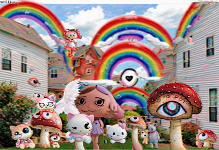 a collage image filled with y2k symbols, featuring a cartoon girl standing on a lawn surrounded by toys and typical suburban houses. Include eye-catching elements such as Hello Kitty, rainbows, red mushrooms with eyes, and angel-winged eyes, capturing the y2k nostalgia and weirdcore aesthetics <lora:y2kmadmix_db-v0.0.1-extract:1>