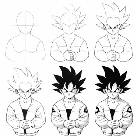 score_9, score_8_up, score_7_up BREAK,  <lora:How_to_draw_step_by_step_2:1> howtodraw, x steps, greyscale, colored final touch,  <lora:attire_dripjacket_ponyXL:1> dripjacket, own hands together, son goku, dragon ball, black hair,