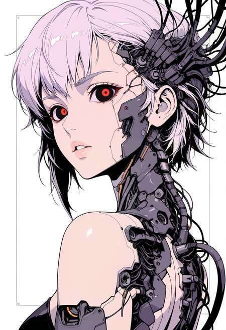 masterpiece, best quality, good quality, very aesthetic, absurdres, newest, 8K, depth of field, focused subject, ghost in the shell aesthetic, monochrome, black and white, line art, sketch style, technical drawing, closeup quarter upper body shot, from behind, almost from side, 1girl, cyborg, gynoid, face focus, segmented face with panel lines, dark vacant eyes, looking back, parted lips, intricate exposed mechanical components above cranium, cyberpunk, high contrast black and white background, clinical atmosphere.