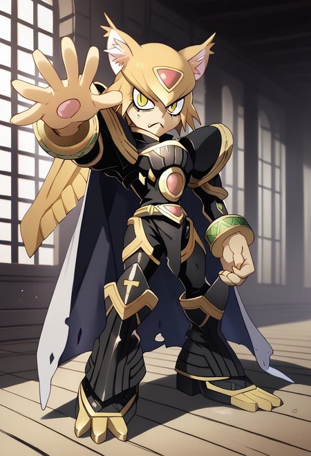 score_9, score_8_up, score_7_up, score_6_up, score_5_up, score_4_up,rating_safe,source_anime,jojo,necoarc,blonde hair, yellow eyes, slit pupils, cat ears, :3, chibi,alphamon,cape,full body,dynamic pose,indoors