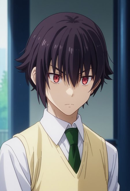score_9, score_7_up, source_anime 
gekkou, 1boy, male focus, solo, red eyes, black hair, hair between eyes, school uniform, shirt, white shirt, collared shirt, necktie, green necktie, sweater vest, 
indoor,