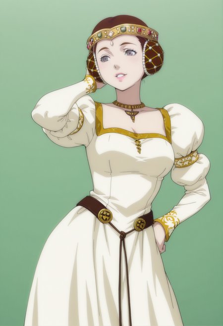 anime screencap, anime coloring,  <lora:DX888Charlotte:1> charlotte, grey eyes, brown hair, lips, double bun, princess, hair ornament,necklace,puffy sleeves, long dress BREAK simple background, green  background, BREAK     1girl, breasts, cowboy shot, hand in own hair, parted lips, smile, solo,  contrapposto, arm up,  hand on own hip,