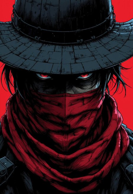 nistyle, two tones bleaked manga sketch with deep blacka, A Closeup Portrait of a DARK outlaw cowboy, extreme Closeup of His Face - shrouded in mystery. He wears a, tattered high collar scarf that billows dramatically in the wind, creating a striking contrast against the rugged landscape. Hyperdetailed badass Closeup, hyperdetailed, deadly Gaze,