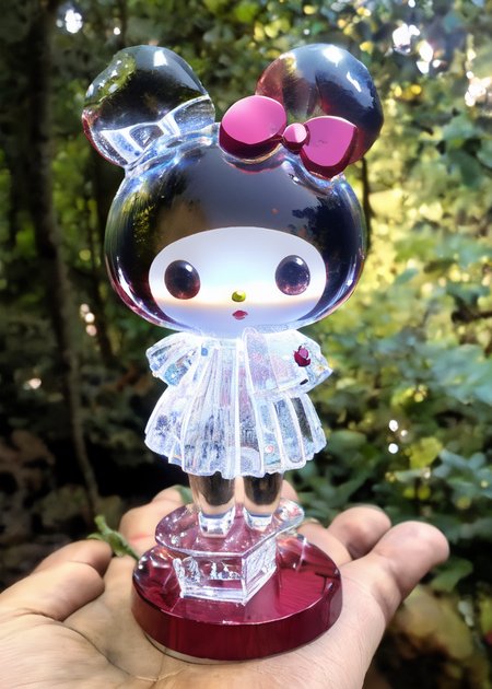 full body glasssculpture of mymelody, fantasy forest background, by james gurney greg rutkowski photo by angelique boissiere art streiber, photorealistic, hyperdetailed, canon eos r 3, cinematic, filmic