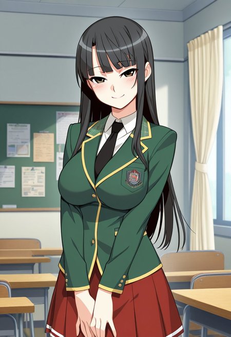score_9,score_8_up,score_7_up,source_anime,5_figner,2d_animation,game cg,BREAK,1girl,solo,
Aiura Ichika,
black hair,long hair,blunt bangs, side hair,
large breasts,
long sleeves,school uniform, green jacket, white shirt, black necktie,  red skirt, blazer, blazer yellow line,
cowboy shot,smile,blush,
school,classroom,window,indoor,curtain,bulletin board,
front view,looking at viewer,standing,
masterpiece,best qualit,ultra-detailed,illustration,an extremely delicate and beautiful,beautiful detailed eyes,unity 8k wallpaper,high resolution,anime CG,official_art,