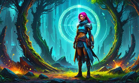 Beautiful detailed digital illustration of a Cyberpunk nomad with modular cyberlimbs at a Stone circle with druidic energy, <lora:Rainbow_Style:0.6>, <lora:xl_more_art-full_v1:0.4>