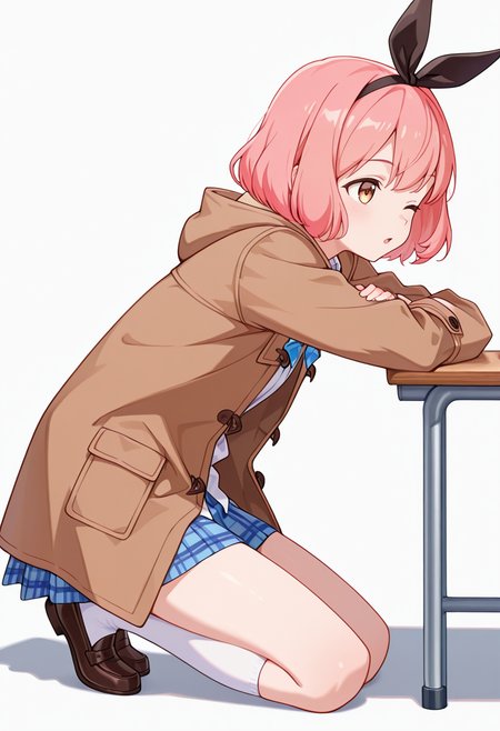 masterpiece,high quality details,absurdres, 
 <lora:Koshiba_Mai:0.8>
mar_cnr, 1girl, pink hair, short hair, bangs, brown eyes,black hairband,
mai_s2, plaid skirt, pleated skirt, blue skirt, white shirt,brown coat, bowtie, white kneehighs, loafers,, simple background, white background, from side,solo,, ;o,