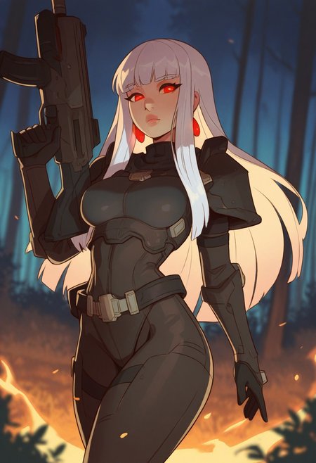 KLMSP Style, 1girl, solo, weapon, long hair, earrings, jewelry, forest, gun, nature, armor, breasts, red eyes, holding, holding weapon, white hair, science fiction, blunt bangs, holding gun, glowing, lips, outdoors, night, glowing eyes, cowboy shot, medium breasts, colored sclera, looking at viewer, fire, masterwork, masterpiece, best quality, dynamic lighting , dynamic pose,, dynamic angle, , , (lineless:1.2), detailed, , aged up, adult, depth of field, dynamic lighting, blurry, cheekbones,