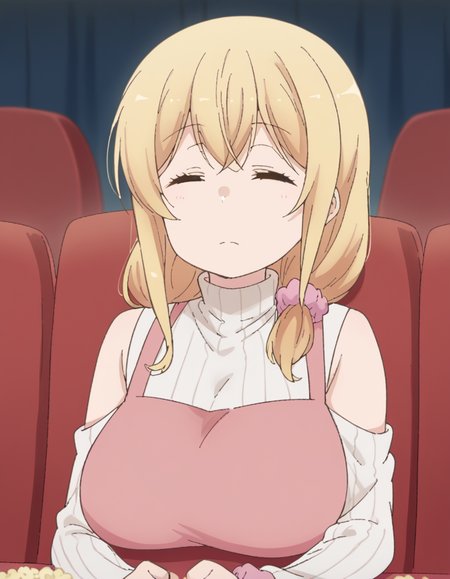 score_9, score_8_up, score_7_up, source_anime, <lora:ayaka-sunohara-s1-ponyxl-lora-nochekaiser:1>, ayaka sunohara, long hair, bangs, blonde hair, yellow eyes, mature female,, dress, sleeveless, apron, sweater, turtleneck, scrunchie, hair over shoulder, ribbed sweater, hair scrunchie, pink scrunchie,, movie theater, screen, seats, popcorn, film, , <lora:zui-zui-dance-ponyxl-lora-nochekaiser:1>, zui zui dance, dancing, closed eyes,, looking at viewer, solo,, dutch angle, cowboy shot
