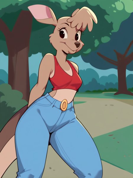 score_9, score_8_up, score_7_up, score_6_up, score_5_up, score_4_up, source_furry, Matilda_Roo, 1girl, solo, red crop top, midriff, jeans, park, tree, detailed eyes, detailed face, <lora:matilda_roo-v1:1>