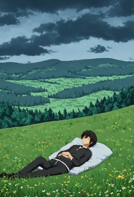 high resolution, solo, best quality, 1Boy, Kanie Seiya, Black Hair, relax, sleep, meadow, hill, cloudy, OverallDetail