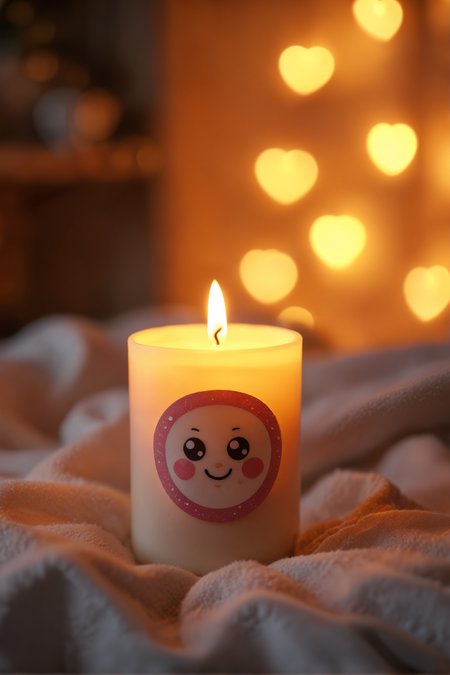 Adorable handmade candle, with a kawaii label, soft bokeh lights from a cozy room, warm and inviting super cute wallpaper,  bokehmachine, blurry background, heart bokeh
