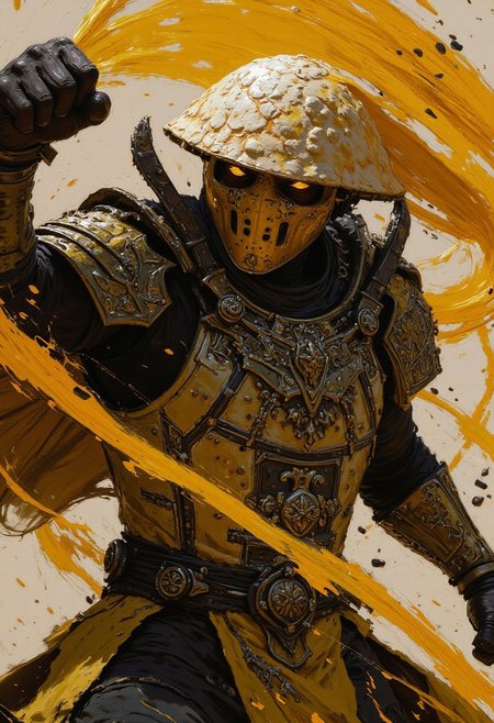 DB4RZ style paintingHand Up stance, Fight stance, Action Pose, action scene, floating particles, high Budget Anime sequence, S1n0z1ck style, extremem Closeup of an retro art Ninja, flat color two toned in bleaked yellow and Grey, resembling a mushroom syberian masked intricate designed haitian Warrior in Relief high collar metal armor, cinematic lighting, insane details, hyperrealistic extreme closeup macro photography, 64 megapixel DSLR