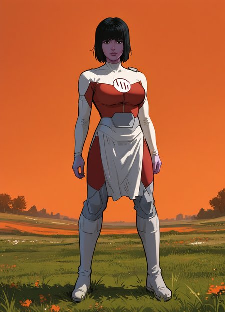 score_9, score_8_up, UrsaalThrx, 1girl, solo, black hair, bob cut, purple skin, bodysuit, looking at viewer, white boots, black eyes, loincloth, large breasts, 
standing, 
outdoors, field or grass, orange sky, alien world, 
 <lora:Ursaal_-_Invincible-000006 Pony:1>