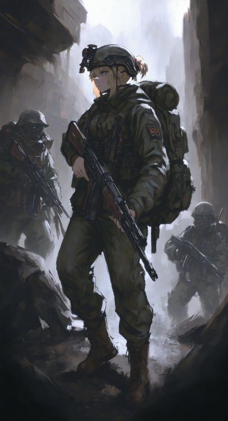 masterpiece, best quality, good quality, very awa, very aesthetic, absurdres, newest,1girl, backpack, bag, battle rifle, blonde hair, blue eyes, boots, brown footwear, combat helmet, fallschirmhelm, fallschirmjaeger, fg42, green jacket, green pants, gun, hair between eyes, helmet, holding, holding gun, holding weapon, jacket, knife, long sleeves, pants, paratrooper, rifle, short ponytail, sidelocks, solo, weapon, <lora:spo_sdxl_10ep_4k-data_lora_webui:0.6> <lora:ponyv5_noobV065S_1_adamW-000013:0.7> <lora:USNR_STYLE_XL_lokr:0.45> <lora:EtherSDXL:0.15> <lora:shiej007:0.75>