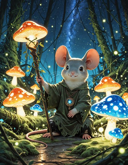 embedding:IllusP0s
,tall anthropomorphic mouse druid, mouse head, holding a staff covered in moss and mushrooms, torn robe covered in vines, torn pants,feet on floor, smiling
, starry night, magical forest, glowing mushrooms, fireflies, light particles, glowing trees
,wide shot, depth of field, realism, no humans, animal focus