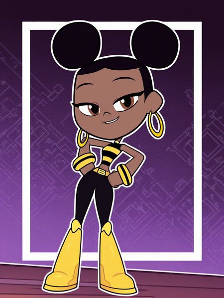 bumblebee, 1girl, solo, full body, dark brown skin, black hair, double buns hair, afro puffs, golden hoop earrings, turtleneck crop-top, black and yellow top, golden arm bands, golden belt, long pants, black leggings, yellow boots, (smile, dutch angle, Hands on hips,naughty pose, looking at viewer, solo, dynamic pose, full_body, head tilt,),(( dynamic halftone dot background, stylized background, White frame, Square frame, white outline))