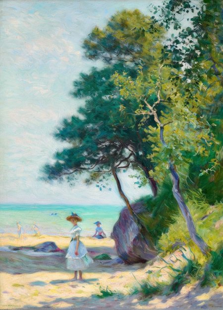 podkowinski girl on the  beach, sea rocks and trees in the background <lora:podkowinski:0.9>