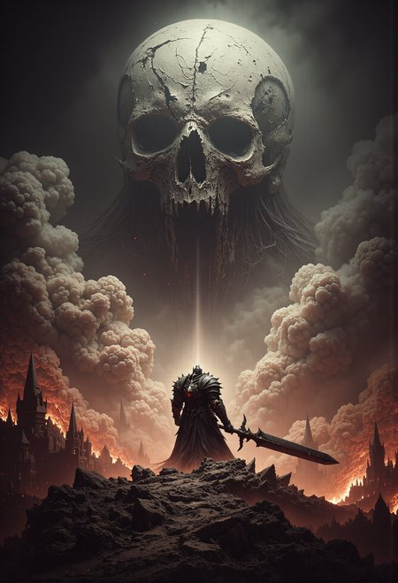 analog film photo .Frank Frazetta fantasy oil painting. (art by Zdzislaw Beksinski:2), a hero with giant sword is facing the ultimate evil enemy, burning city. grimdark, mythp0rt, FredFraiStyle, aiai-Glimra <lora:- Flux1 - vanta_black_V1.0.safetensors:0.5>,  <lora:Dever_Flux_Enhancer.safetensors:0.33>,  <lora:FredFraiStyle-FLUX-Share.safetensors:1.0>,  <lora:FluxDFaeTasticDetails.safetensors:0.1>,  . faded film, desaturated, 35mm photo, grainy, vignette, vintage, Kodachrome, Lomography, stained, highly detailed, found footage